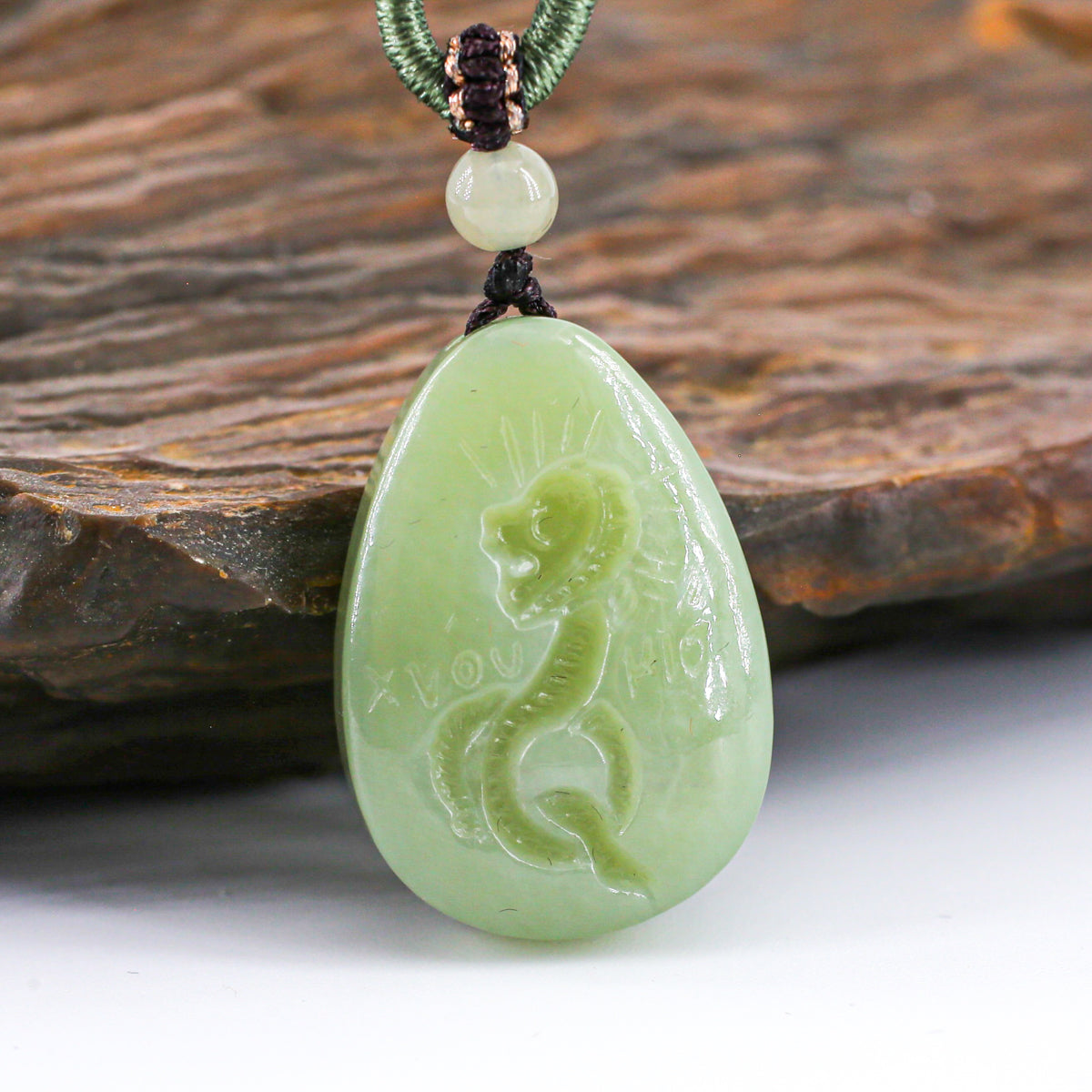 Chnoubis Jade Pendant (with cord)  green aventurine and Hetian yellow-mouth jade